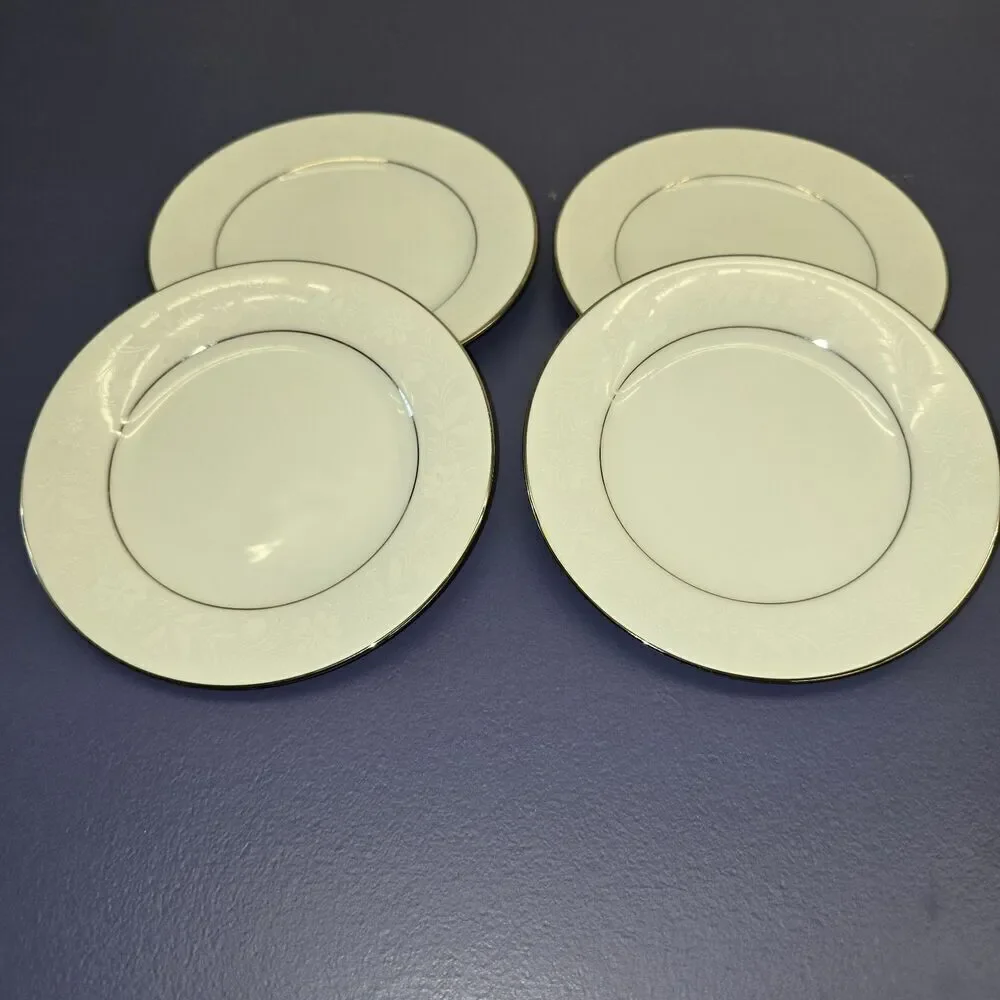 Noritake Ranier 4 Bread & Butter Plates Platinum Trim #6909 Floral White